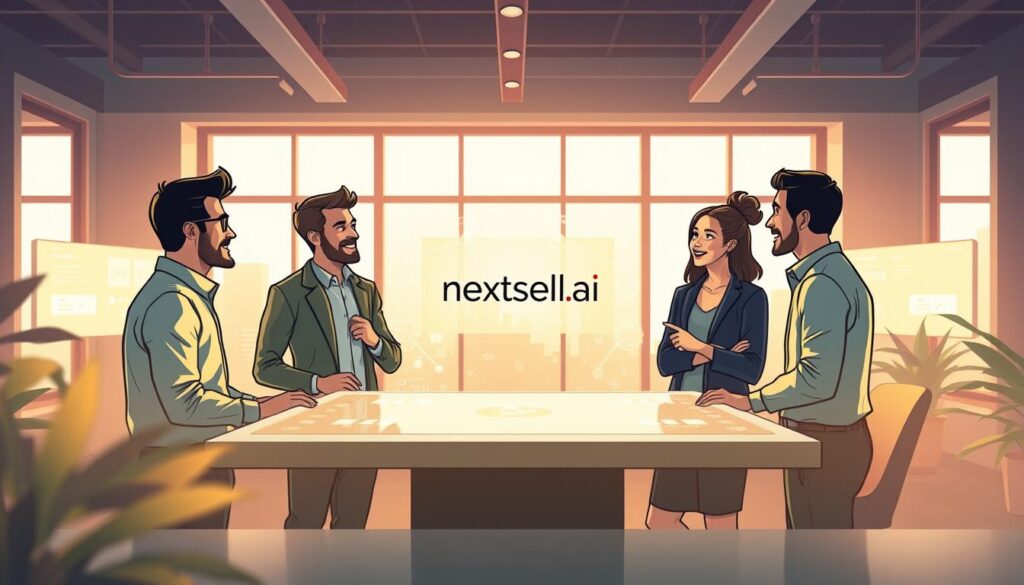 A serene and modern workspace, focusing on a central digital interface displaying "nextself.ai" in an engaging, high-tech design. In the foreground, a diverse group of three professionals—two men and one woman—are deeply engaged in discussion, wearing smart casual attire. They are animatedly sharing ideas and insights, suggesting collaboration and emotional growth. The middle ground features soft, glowing screens filled with graphics representing emotional intelligence techniques and data. In the background, large windows let in warm, natural light, creating a welcoming environment. The mood is inspiring and uplifting, suggesting a journey of personal development. Use a wide-angle lens to capture the dynamic setting, emphasizing connection and innovation in emotional growth.